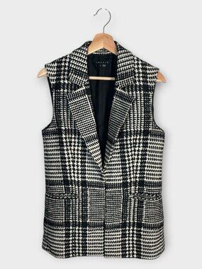 Theory Eldora Houndstooth Open Longline Vest SZ 6 Plaid Black Lined Pockets